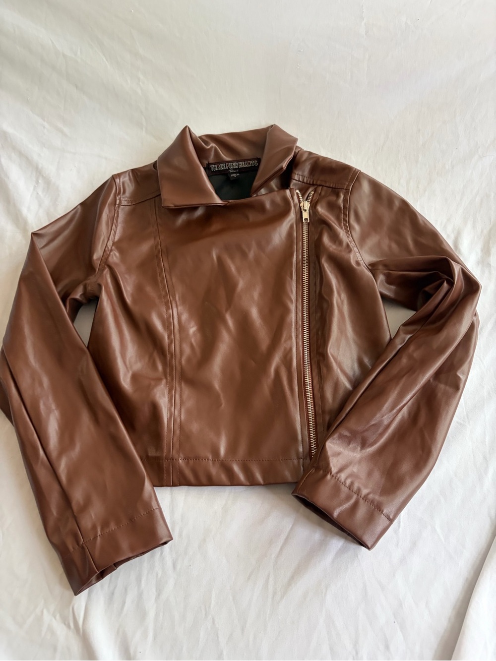 Three Hearts Brown Faux-Leather Asymmetrical Zip Jacket Size Small